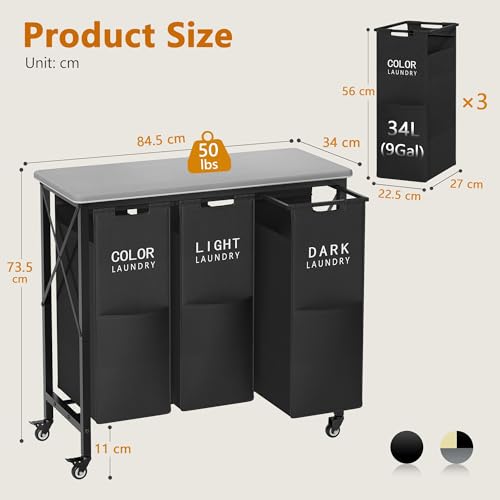 Gewudraw 3 Section Laundry Sorter with Ironing Board, Laundry Hamper with Removable Bags, Heavy Duty Rolling Laundry Cart with Lockable Wheels for Bathroom Bedroom, black - color: Black