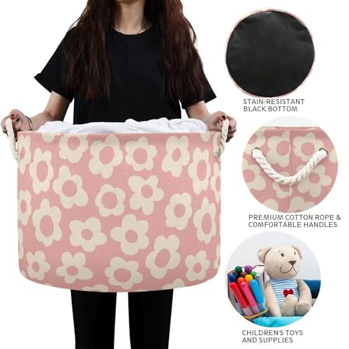 Vintage Pink Flower Print Round Storage Basket Cute Floral Large Laundry Hamper 20 x 20 x 14 Inches Organizer Bin with Cotton Rope Handles Clothes Storage Bag for Nursery Bedroom Living Room Decor - color: Pink