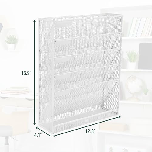 EASEPRES 6 Tier Mesh Hanging Wall File Organizer, Desk Vertical Mail Paper Document Folder Holder Rack with Bottom Tray and Nametag Label for Office Home School, White - color: White, size: 6 Tier