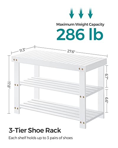 SONGMICS Shoe Rack Bench, 3-Tier Bamboo Shoe Storage Organizer, Entryway Bench, Holds Up to 286 lb, 11.3 x 27.6 x 17.8 Inches, for Entryway Bathroom Bedroom, Cloud White ULBS004W01 - color: Cloud White, size: 27.6"W