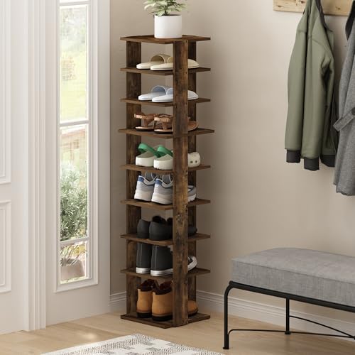 Furinno Compact Vertical Shoe Rack, 9-Tier Narrow Shoe Organizer, Free Standing Shoe Storage, Shoe Shelf for Boots, Sneakers, 12 x 12.6 x 51, for Closet, Entryway, Office, Garage, Amber Pine - color: Amber Pine, size: 9-tier, 51.2 Inch