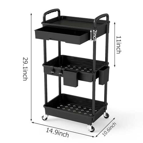 3 Tier Rolling Utility Cart with Drawer, Plastic Storage Organizer Rolling Carts with Wheels Handles Hanging Cups Hooks for Office, Bathroom, Kitchen,Craft Art Room (Black) - color: Black, size: 3-Tier