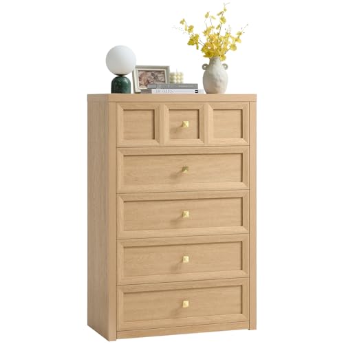 5 Drawers Dresser for Bedroom, 45.7" Tall Large Dresser & Chests of Drawers with Metal Handle, Clothes Storage Organizer w/Natural Texture for Bedroom, Living Room,Natural - color: Natural Oak, size: 15.6"D x 29.5"W x 45.7"H (5 Drawers)