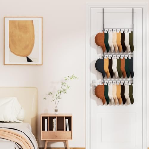 HapiRm Over Door Hat Rack - 3 Tier Wall Mounted Hat Organizer with 24 Hooks, Baseball Cap Organizer Storage Holds up to 24 Caps for Door, Bedroom, Closet - color: Hooks Black, size: 3 Tier