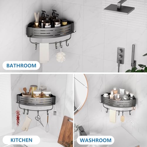 Onemake Corner Shower Caddy Suction Cup, Aluminum Wall Mounted Organizer Shelves Storage Rack with Towel Bar for Small Bathroom Grey - style: 1 Tier-Gray-Triangle Caddy
