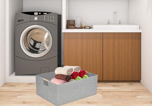 Collapsible Storage Box for Women - Foldable Home Organizer 16.9x12.5x7Inches with Wooden Handles | Closet, Bathroom & Kids Room Storage | Heavy-Duty Linen Fabric 2Pack - color: Light gray