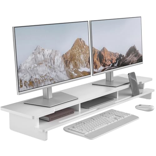 Monitor Stand Dual Monitor Stand Riser for Desk,Wood Desk Shelf Storage Organizer with Phone Tablet Holder (42.5 Inch, White)