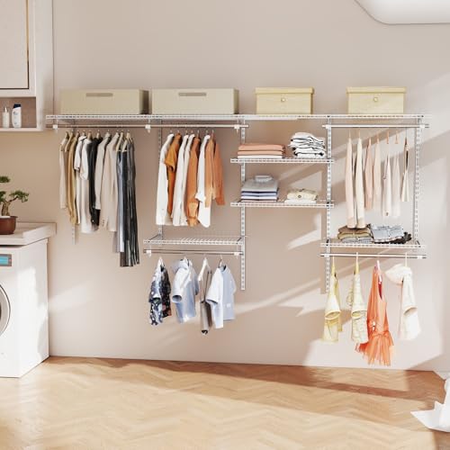 Giantex Closet Organizer System, Wall-mounted Custom Closet Kit w/Adjustable Storage Shelves, Wardrobe Clothes Rack w/Hanging Rods, Perfect for Coats, Pillows, Blanket (White, 98.5"x13.5"x48) - color: White, size: 98.5"x13.5"x48
