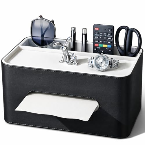 PU Leather Tissue Box Cover Rectangular with Storage Organizer Tray, Multifunctional Remote Control Holder, Desk Organizer for Living Room, Bedroom, Office, Decorative Tissue Holder Black - color: Black