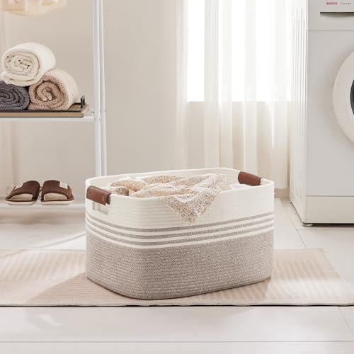 60L Large Laundry Basket with Leather Handles for Living Room Storage, Woven Rope Baskets Bin for Blanket, Kids Toy, Gifts, Wicker Hamper for Bedroom Dirty Clothes, White Brown - color: Brown, size: 60L