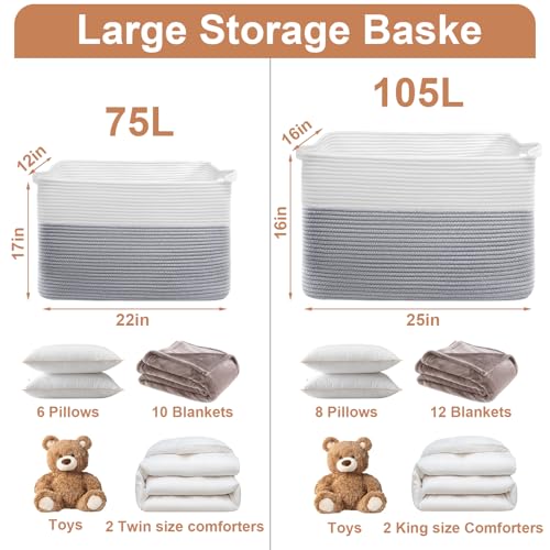 75L Large Blanket Basket, Rectangular Cotton Rope Basket, Laundry Hamper for Blankets, Pillows, Extra Large Toys Storage Bins for Kids, Dogs 22" x 17" x 12", White & Gray - color: Gray & White, size: 22" x 17" x 12"