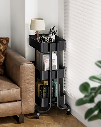 Pipishell 3 Tier Metal Rolling Utility Cart, Heavy-Duty Storage Rolling Cart with 2 Lockable Wheels, Multifunctional Mesh Organization Utility Cart for Kitchen Dining Room Living Room (Black) - color: Black, size: 3 Tier