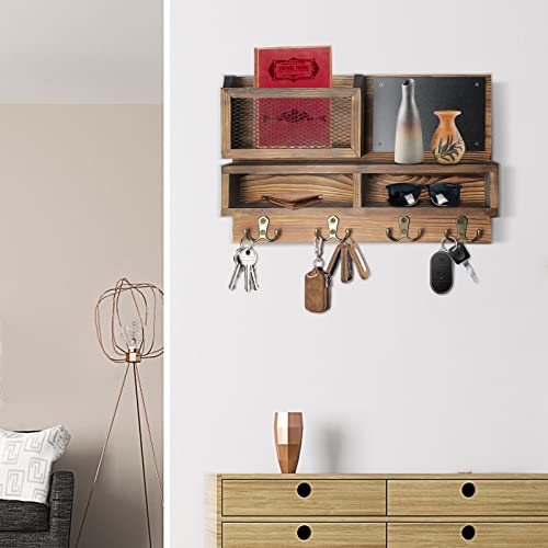Key Holder for Wall, Mail Organizer Wall Mount with Key Hooks and Wallet Holder, Sunglasses Storage and Dog Leash Hanger, Decorative with 4 Double Hooks and Chalkboard - color: Brown