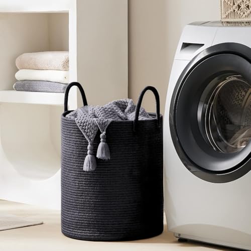YOUDENOVA Woven Rope Laundry Hamper Basket, 58L Tall Laundry Basket, Baby Nursery Hamper for Blanket Storage in Bedroom-Large- Black - color: Black, size: Tall (58L )