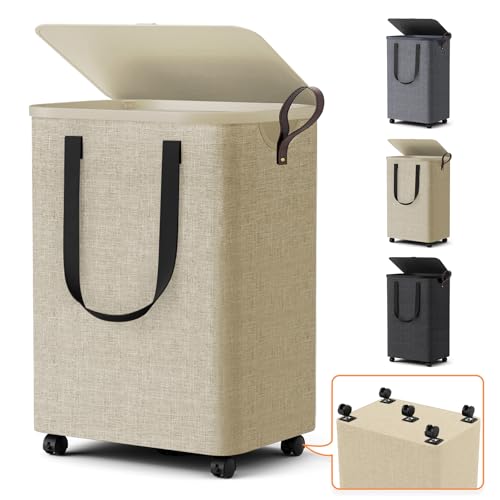 Laundry Basket with 5 Wheels, Tall Dirty Laundry Hamper, Rolling Laundry Basket with Lid, Collapsible Clothes Hamper for Bathroom Bedroom Dorm Laundry Room, Khaki, 75L - color: khaki, size: 75L