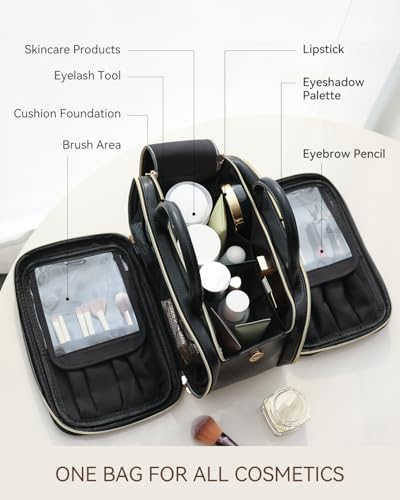 Prite Makeup Bag for Women, Large Capacity Waterproof Travel Cosmetic Organizer, Portable Open Flat Toiletry Bag with Free-standing Brush Holder and Handle(Black Large) - color: Black, size: Large