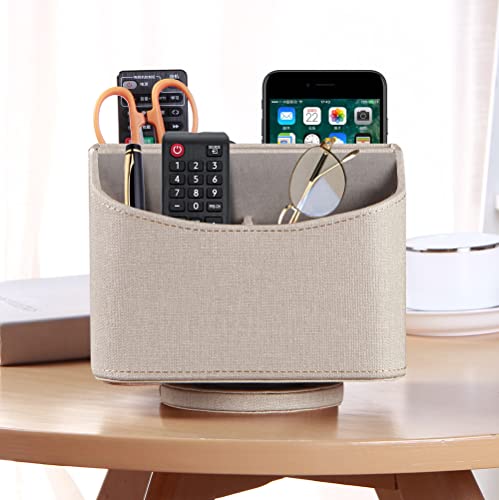 PUSU Leather 360°Rotatable Remote Control Holder,Nightstand TV Remote Caddy,Office Supplies Desktop Organizer,Spinning Storage Box for Pen,Mail,Phone,DVD, Blu-Ray, Media Player, Heater Controllers - color: A Elegant Beige