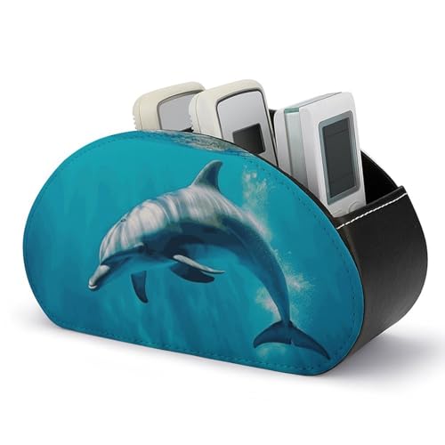 PU Leather Remote Control Organizer Box 5-Slot Multifunctional Swimming Dolphin in Blue Sea Storage Holder for TV/DVD/Accessories Stylish Desk Decor for Living Room, Bedroom, Office - color: Swimming Dolphin in Blue Sea