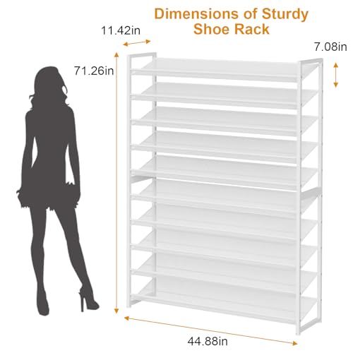 Large Shoe Rack 10 Tier Shoe Organizer, Heavy Duty Metal 5-Tier Stackable Shoe Storage Vertical Shoe Rack for Closet Front Door Entrance, Up to 62 Pairs, 44.8" W x 11.4" D x 71.2" H, White - color: White, size: 10 Tier