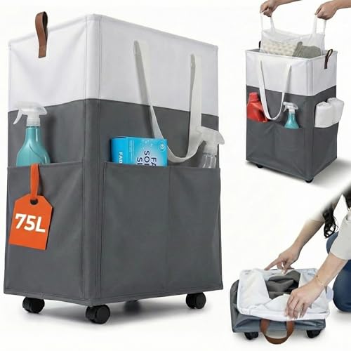 Laundry Basket with Wheels – Foldable, Space-Saving, Fabric Slim Laundry Hamper with Removable Bag and Side Pouches – Lightweight 75L Washing Basket for Clothes, Bedroom, Bathroom, Dorm