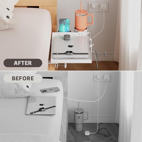Magheo Bedside Shelf Foldable, Metal Clip-On Bed Shelf for Top Bunk Heavy Duty Bed Side Table Tray for College Dorm Essentials, Loft Nightstand Organizer Tray with Removable Cup & Phone Holder(White) - color: White