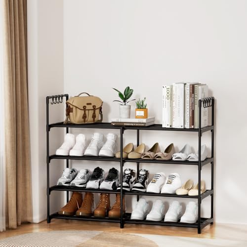 2 Rows 4 Tier Shoe Rack, Black Metal Stackable Shoe Shelf with Multifunctional Hooks, Hold 16-20 Pairs, Space Saving Shoe Organizer for Closet, Bedroom - size: 2 Row 4 Tier