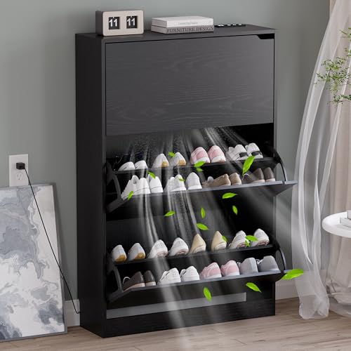 BORNOON Shoe Cabinet with Odor Control and Back Panels, Deodorizing Slim 3-Flip Shoe Storage Cabinet for Entryway, Freestanding Hidden Shoe Rack Organizer for Entrance, Hallway, Bedroom - color: Black, size: Deodorizing 3-Flip