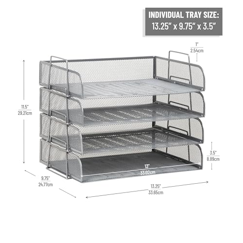 Mind Reader Stackable Paper Tray, Desktop Organizer, File Storage, Office, Metal Mesh, 4 Pcs., Silver - color: Silver, size: 13.3" x 9.8" x 11.3"
