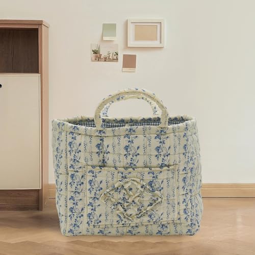 Quilted Fabric Storage Basket with Handles & Pocket, Foldable Laundry Hamper Boho Floral Print Organizer Bin for Home, Picnic, Office 12"x10"x10" (B-5) - color: B-5