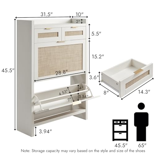 HOKYHOKY Rattan Shoe Storage Cabinet with 2 Drawers & 2 Flip Drawers – Hidden Slim Shoe Organizer for Entryway, Large Tabletop Space, Farmhouse Boho Narrow Shoe Rack, Rustic White - color: Rustic White, size: 2 Flips