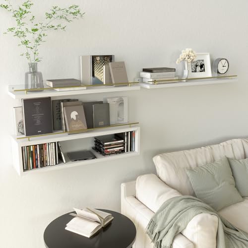 WOPITUES Floating Shelves for Wall 24 inch with Cube Shelf, Wall Shelves with Metal Rail for Decor, Bathroom Organizers and Storage, Over Toilet Shelves for Bathroom, Toilet Paper-White&Gold - color: Gold & White, size: 23.6 inch