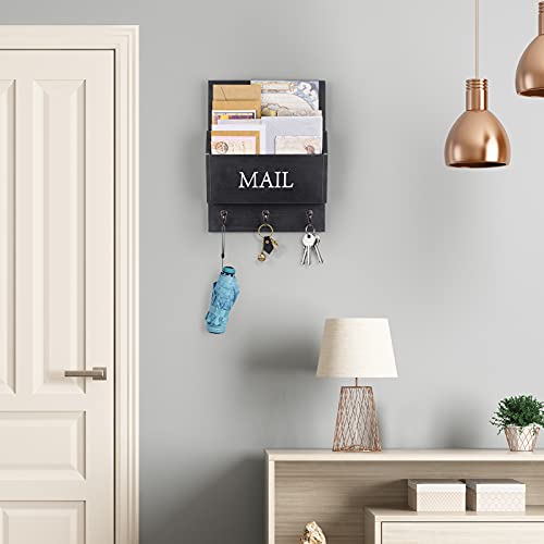 DLQuarts Mail Organizer with Key Holder for Wall, Mail Sorter Wall Mounted, Decorative Wooden Key and Mail Holder with 3 Hooks, Black - color: Black