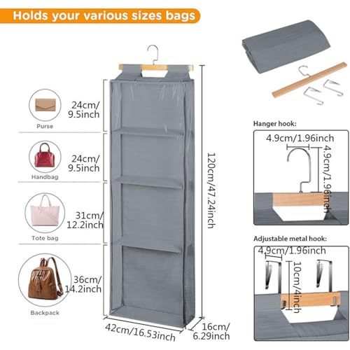 HAN SHENG 4 Grids Hanging Purse Handbag Organizer with Zippers Clear Hanging Closet Bag Organizer Tote Bag Purse Storage Holder Over The Door Space Saving Organizers (Grey)
