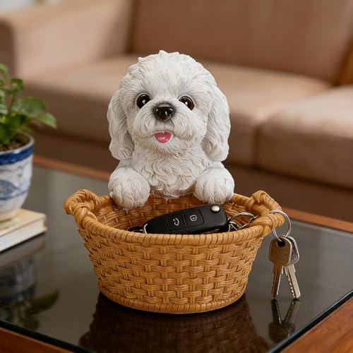 Vanity Jewelry Dish & Ring Holder Tray for Bedroom Dresser Featuring White Poodle - Dog Figurine Catchall Bowl for Earrings & Keys - Elegant Room Decor - color: Poodle with Wide Bowl - White, size: Poodle
