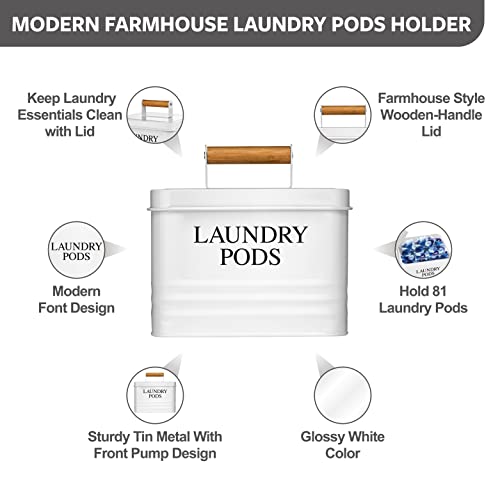 Calindiana Modern Farmhouse Metal Laundry Pods Holder Container with Lid for Laundry Room Decor and Accessories and Space Saving Organization and Storage, Holds 81 Laundry Pods, White - color: White