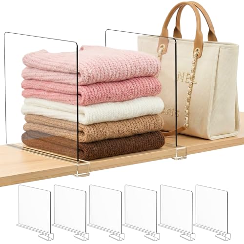Purse Organizer for Closet Shelf Dividers: 11-inch Tall(Higher Version) Adjustable Clear Acrylic Bag Storage Organizer for Handbags, Sweaters, Towels, Jeans and Shoes on Wood Shelves 6-Pack - color: Clear:6-pack, size: Extra Tall: 11" Tall x 12" Deep