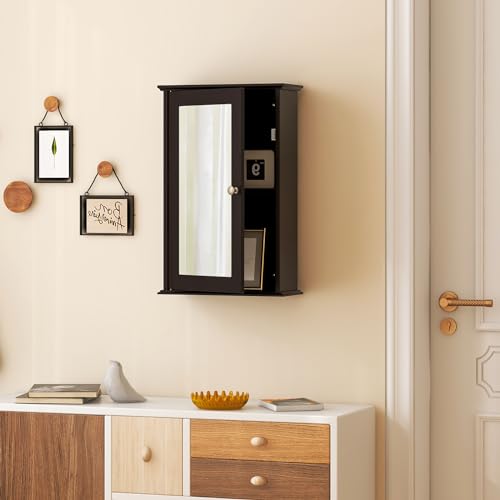 Tangkula Bathroom Medicine Cabinet with Mirror, Wall Mounted Single Mirror Door Storage Cabinet w/Adjustable Shelf, Wall Cabinet w/Reversible Door for Bathroom Living Room Hallway (Brown) - color: Brown