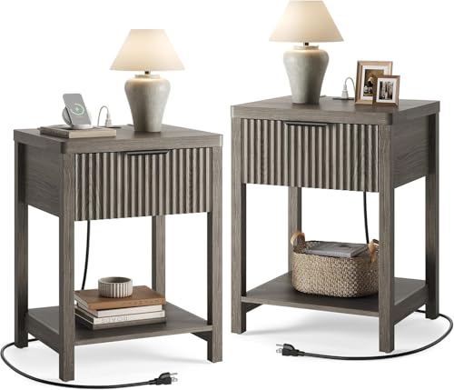 Lulive 2-Pack Fluted Nightstands with Charging Station, Modern Wood Bedside Tables with Storage Drawer for Bedroom, Space-Saving End Tables Dark Grey Oak - color: Dark Grey, size: 1 Drawer-Set of 2 Nightstand