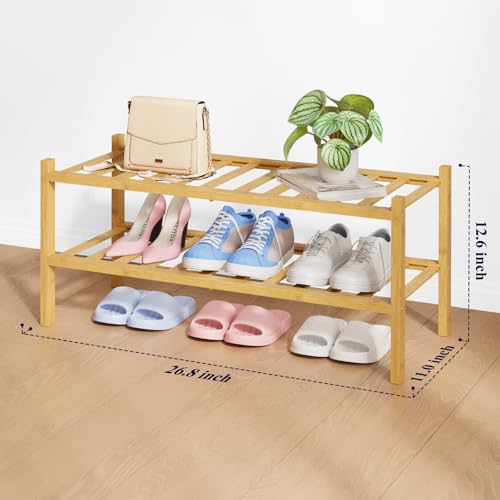 Kitsure Bamboo Wooden Shoe Rack for Closet - Stackable Shoe Organizer with Modular Structure, Space-Saving Shoe Shelf for Entryway, Living Room, Bedroom, 26.8" Wide - 2 Tiers, Natural - color: Nature, size: 26.8"Wide - 2 Tiers