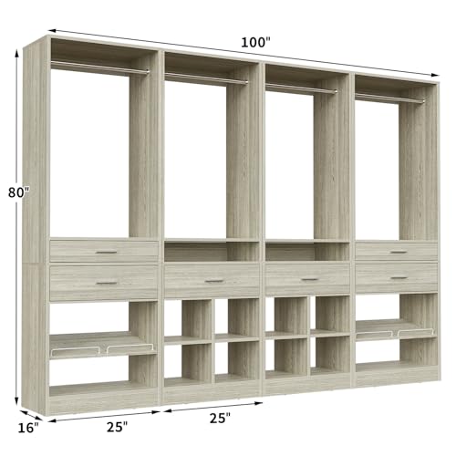 Unikito Closet System, 8.3FT Closet Organizer with 6 Wooden Drawers, Hanging Rods, Adjustable Shoe Rack and Cube Storage, Easy Assembly Wardrobe Tower, Set of 4, White Oak - color: White Oak, size: 100 Inch
