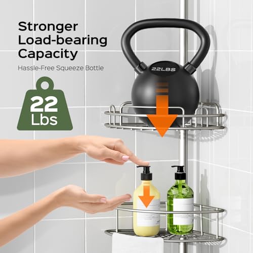 HAMITOR Shower Caddy Tension Pole: 4-Tier Rustproof Bathroom Corner Shelf Organizer for Renter - No Drill Large Shampoo Storage Rack - Adjustable 47-121" - Space Saving Bathtub Accessory - Silver Gray - color: Silver Gray