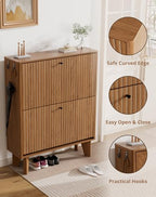 31.5" Shoe Cabinet Storage for Entryway with 2 Flip Drawers, Wood Fluted Narrow Shoe Cabinet for Hallway, Walnut - color: Fluted