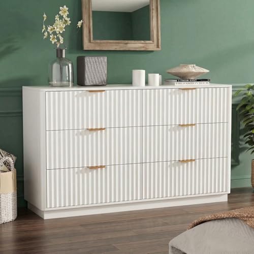 VOWNER Fluted 6 Drawers Dresser for Bedroom, 54" Wide Modern Chest of Drawers with Metal Handle, Closet Clothes Storage Organizer, Wood Dresser TV Stand for Living Room, Closet, Hallway, Entryway - color: White