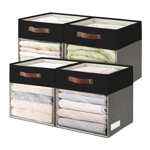 Bagnizer Storage Cubes, 4 Pack Linen Foldable Storage Bins (13 x 13 inch) with Clear Window and Handles, Fabric Organizer for Shelf Closet, Clothes, Books - (Gray and Black) - color: Gray / Black, size: 13 x 13 x 13
