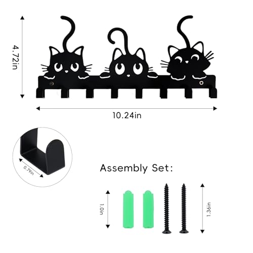 Key Holder Wall Mounted with Screws and Anchors, Black Multifunctional Key Hanger with 8 Hooks, Entryway Front Door Kitchen Hallway Garage Office - color: 3 Cats Black