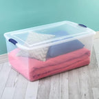 UlovelyM 105 Qt. Latch Box Plastic Storage Bin Tote Organizing Container With Durable Lid, Stackable and Nestable Snap Lid Plastic Storage Bin, 1 Pack, Clear With Blue Buckle