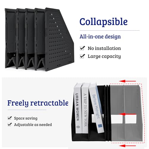 SAYEEC Collapsible Magazine Holder Plastic Desktop 4 Compartment File Rack Magazine Organizer Vertical File Divider Sorter Storage Document Organizer for Office Home School Black - color: Black (4 Compartments)