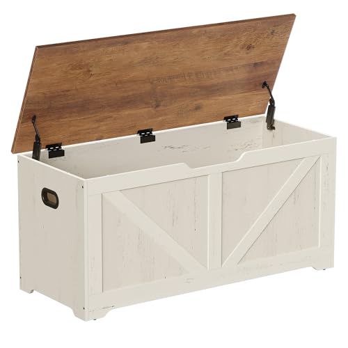 VASAGLE Storage Chest, Storage Bench with 2 Safety Hinges, Farmhouse Style, 15.7 x 39.4 x 18.1 Inches, for Entryway, Bedroom, Living Room, Honey Brown and Rustic White ULSB060WJ01S - color: Honey Brown + Rustic White, size: 39.4"W x 18.1"H, style: Farmhou