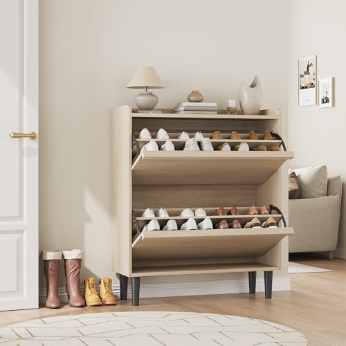 GarveeHome Shoe Cabinet with 2 Flip Drawers, Wooden Shoe Organizer Cabinet with Adjustable Shelf, Shoe Storage for Entryway, Hidden Shoe Cabinet for Hallway, Living Room, Natural Oak - color: Natural Oak, size: 2-Drawers