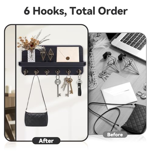 Key Holder for Wall, Mail Organizer Wall Mount with 6 Hooks Wooden Hanging Key Rack for Home Decor, Hallway, Entryway (Black) - color: Black
